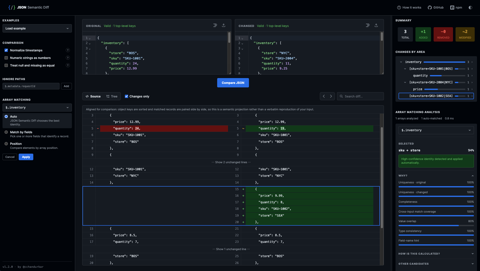 JSON Semantic Diff interface showing a comparison of JSON documents